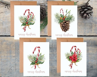 Candy Cane Christmas Card Set, Watercolor Christmas Cards, Merry Christmas Card Pack, Christmas Card Assortment, Christmas Greeting Cards