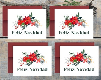 Feliz Navidad Card Set, Feliz Navidad Card Pack, Spanish Christmas Cards, Merry Christmas in Spanish Cards, Felices Fiestas, Poinsettia Card
