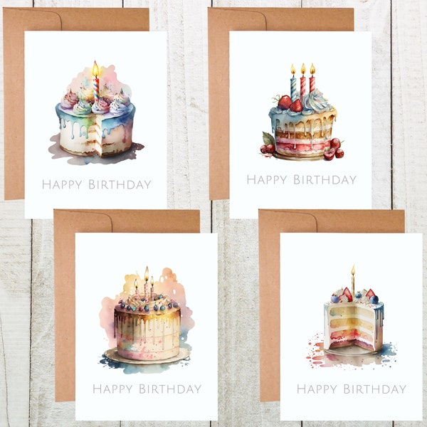 Happy Birthday Card Set, Birthday Card Pack, Birthday Cake Card, Happy Birthday Notecards with Envelopes, Blank Happy Birthday Card Pack