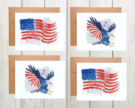 Patriotic Card Set of 4, Happy 4th Of July Cards, Independence Day Cards, American Flag Note Cards, Veteran's Day Cards, Fourth of July Card