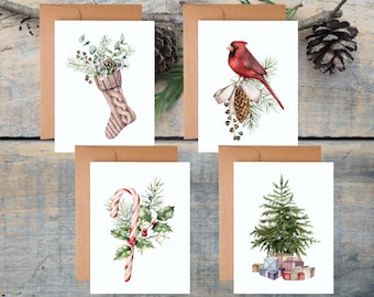 Christmas Card Set, Holiday Card Pack, Christmas Watercolor Cards, Christmas Card Assortment, Christmas Greeting Card Bundle, Elegant Cards