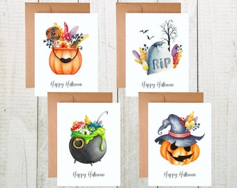 Happy Halloween Card Set, Spooky Season Cards, Jack O Lantern Card, Trick or Treat Cards, Halloween Notecards, Watercolor Halloween Cards