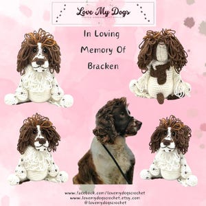 May include: Five crocheted Springer Spaniel dog figurines in various poses, including sitting, standing, and walking. The figurines are brown and white with black noses and eyes. The background is a light pink with white paw prints. The text "Love My Dogs" and "In Loving Memory Of Bracken" is displayed on the image.