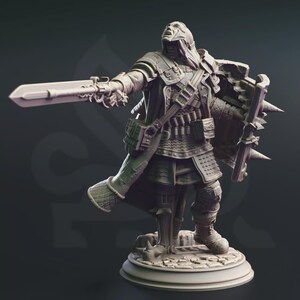 May include: A detailed figurine of a warrior in armour, holding a sword and shield. The figure is in a dynamic pose, with the sword extended. The shield has spikes. The armour has intricate details. The figurine is on a round base.