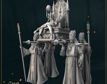May include: A gray, detailed, 3D printed miniature of a woman bound and seated on a throne carried by four figures. The woman is wearing a long dress and has her hands bound. The figures are wearing robes and masks. The throne is ornately decorated with gothic details.