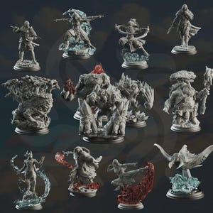 May include: A collection of eleven grey fantasy miniature figurines featuring various characters, including warriors, elemental creatures, and monsters, each mounted on a circular base with some figures displaying translucent blue or red effects.