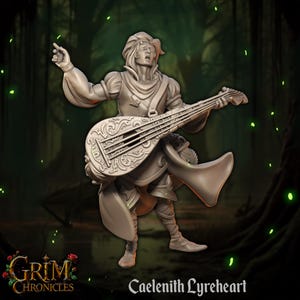 Peut inclure: Figurine grise de Caelenith Lyreheart, personnage de Grim Chronicles, jouant du luth. La figurine est vêtue d'une tenue médiévale et se détache sur un fond sombre, semblable à une forêt. Le logo Grim Chronicles est visible.