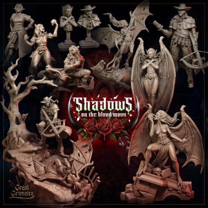 May include: A collection of grey fantasy miniature figurines featuring winged creatures, hunters with crossbows, and humanoid figures. The central graphic displays the text Shadows on the blood moon above three red roses with dripping liquid.