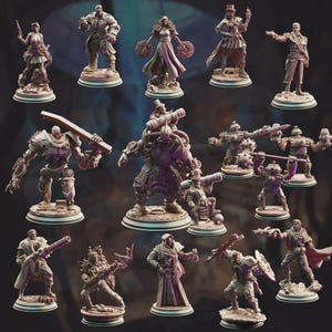 May include: A collection of fourteen miniature figurines featuring various characters and mechanical constructs. The figures are rendered in a monochromatic tone, each standing on a circular base, depicting diverse poses, weaponry, and attire.