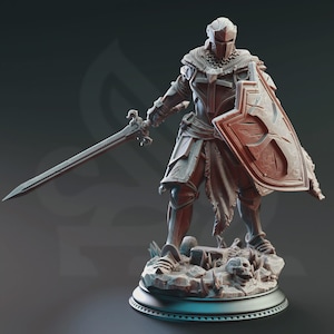 May include: A detailed figurine of a medieval knight in full armor, holding a sword and shield. The knight is standing on a rocky base with skulls. The armor has a cross design on the chest and shield. The color is a muted brown.