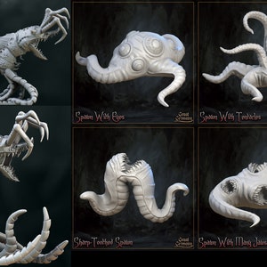 以下が含まれることがあります： 異なるバリエーションを持つSpatumクリーチャーの3Dプリントモデルのセット。Spatumは、長いセグメント化された体、鋭い歯を持つ大きな口、複数の付属肢を持つ架空の生き物です。バリエーションには、目がついたSpatum、触手のあるSpatum、多くの顎を持つSpatumが含まれます。