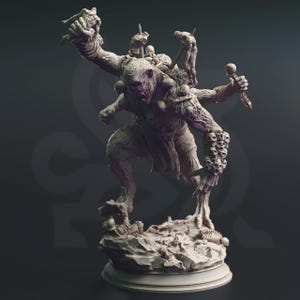 Pode incluir: Figura de fantasia cinzenta detalhada de um monstro de vários braços com uma expressão ameaçadora. A criatura é adornada com crânios e carrega armas, em pé sobre uma base rochosa. A figura tem uma aparência texturizada e desgastada, sugerindo uma estética desgastada pela batalha.