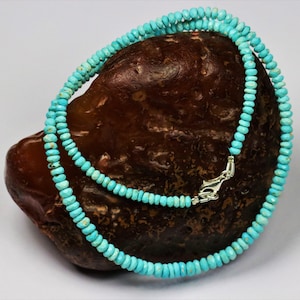 Sleeping Beauty Turquoise Beaded Necklace, Natural Arizona Turquoise Faceted Rondelle Beads, 925 Sterling Silver Lobster Lock.