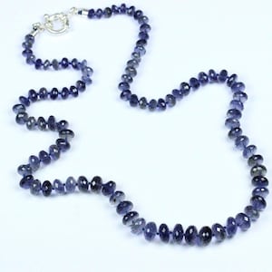 Iolite Beads Necklace, Iolite Faceted Rondelle Beads Necklace. Hand Knotted Necklace Finish With 925 Sterling Silver Lobster Lock.