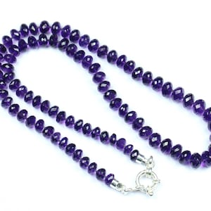 Hand Knotted Amethyst Bead Necklace: 925 Sterling Silver Clasp, 20 Inch Rondelle Necklace