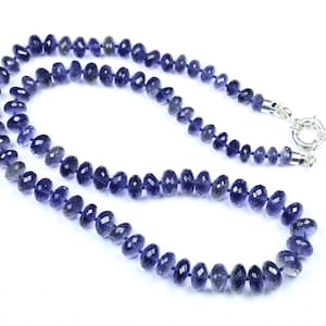 Iolite Beads Necklace, Iolite Faceted Rondelle Beads Necklace. Hand Knotted Necklace Finish With 925 Sterling Silver Lobster Lock.