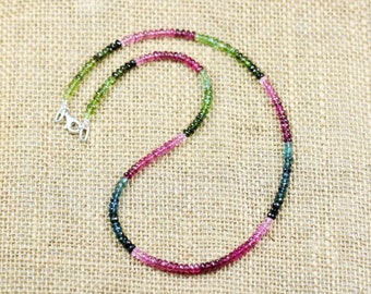 Multi Tourmaline Rondelle Beads Necklace: 925 Sterling Silver Lock, 18 inch