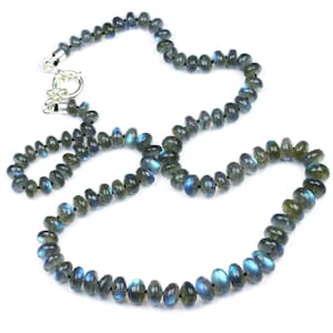 Labradorite Bead Necklace: Hand Knotted Rondelle Gemstone, 925 Sterling Silver Lock