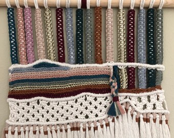 Multi-color Macra-weave Wall Hanging on Wood Dowel, Large macrame wall hanging, Boho wall hanging, Multicolored wall hanging