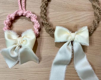 Christmas Pink and Natural Wreath Ornament, Rainbow Macramé Wall Hanging Decor, Satin Ivory Bow