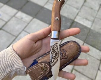Personalized Wolf Engraved Pocket Knife: Walnut Wood Handle, Leather Sheath