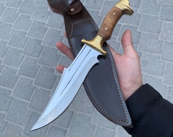 Custom Hunting Knife Brass Wolf Head Handcrafted with Leather Sheath