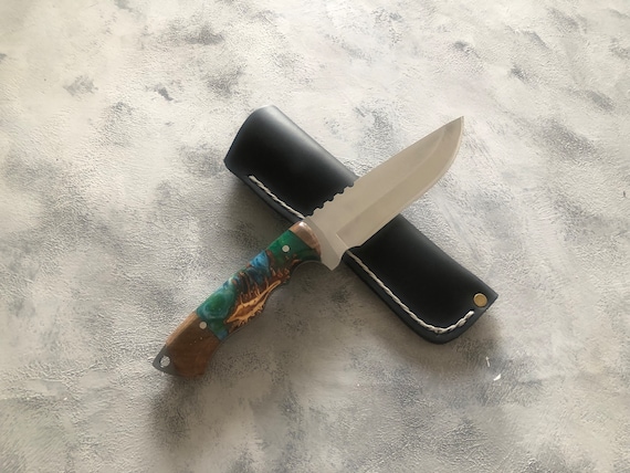 Personalized Hunting Knife: Handmade Epoxy Resin - Wood Handle, Engraved Gift