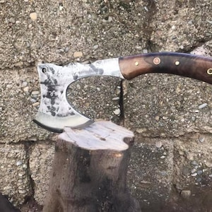 Hand Forged Carbon Steel Hatchet: Viking Bearded Axe with Walnut Handle
