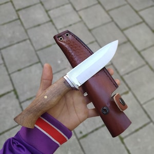 Handcrafted Hunting Knife: German Steel, Walnut Handle, Leather Sheath, Custom Engraving