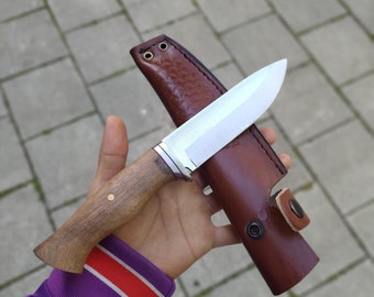 Handcrafted Hunting Knife: German Steel, Walnut Handle, Leather Sheath, Custom Engraving