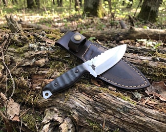 Handmade Full Tang Hunting Knife: Engraved Stainless Steel, Leather Sheath