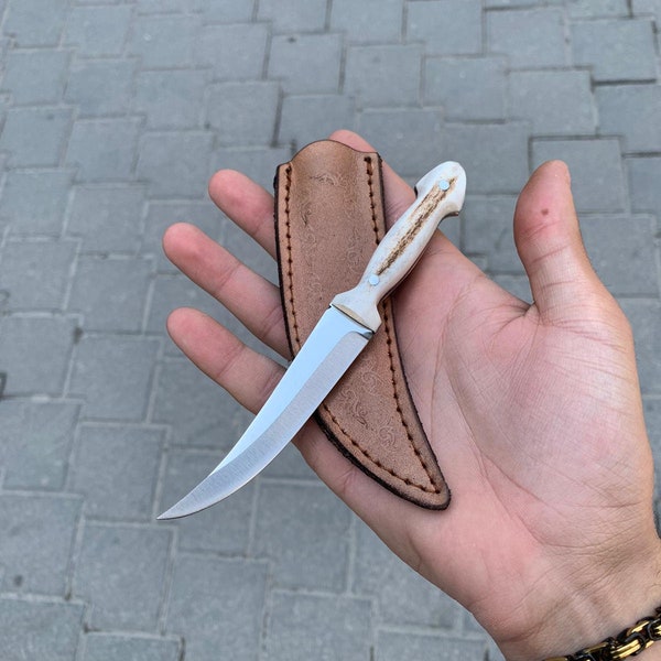 Custom Hunting Personalized Fixed Blade Pocket Knife Stainless Steel and Deer Antler Handle with Leather Sheath