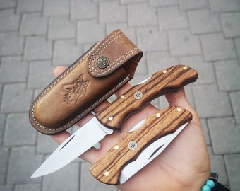 Handmade Hunting Knife: Personalized Stainless Steel Pocket Knife with Leather Sheath