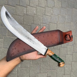 Custom Handcrafted Hunting Knife,Fathers Day Gift,Epoxy & Olive Wood Handle, 5160 Handforged Spring Steel, Fixed Knife, Leather Sheath