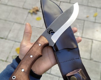 German Steel Camping Knife: Walnut Wood Handle, Leather Sheath,Personalized Knife