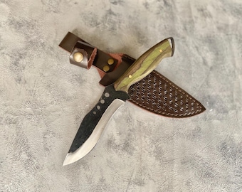 Handmade Carbon Steel Hunting Knife: Engraved Wood Handle, Leather Sheath
