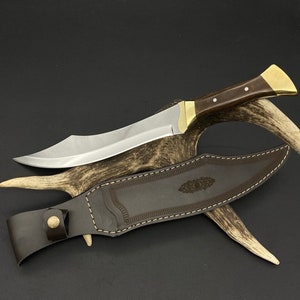 May include: A fixed-blade knife with a curved silver steel blade, a dark brown handle with brass accents, and two small pins. The knife is accompanied by a dark brown leather sheath featuring decorative stitching and a brass snap closure.
