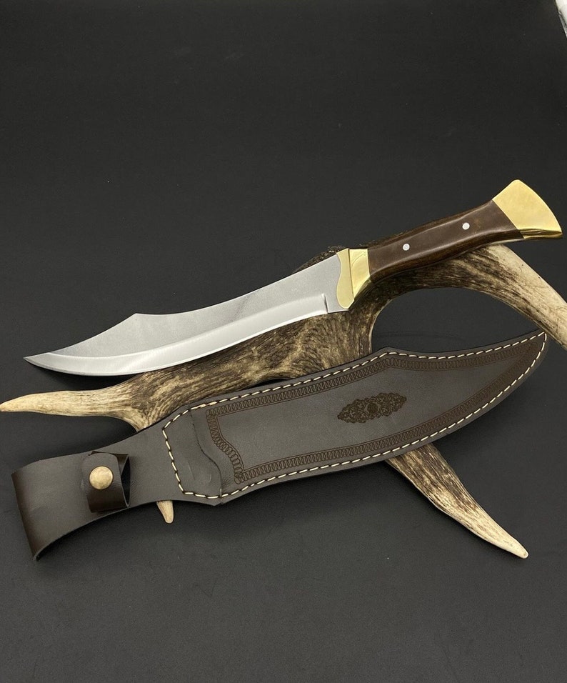 May include: A fixed-blade knife with a curved silver steel blade, a dark brown handle with brass accents, and two small pins. The knife is accompanied by a dark brown leather sheath featuring decorative stitching and a brass snap closure.