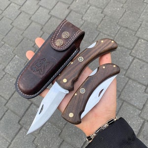 Couteau de camp de poche pliant de chasse fait main, couteau de pêche 4116, acier inoxydable allemand, étui en cuir