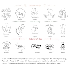 May include: A selection of customizable knife designs for Mother's Day, Father's Day, and Valentine's Day. Designs include floral arrangements, family illustrations, and text options like "Best Dad Ever" and "Happy Valentine's Day."