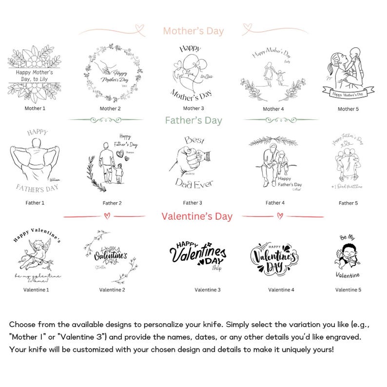 May include: A selection of customizable knife designs for Mother's Day, Father's Day, and Valentine's Day. Designs include floral arrangements, family illustrations, and text options like "Best Dad Ever" and "Happy Valentine's Day."