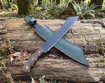 Handmade Carbon Steel Machete: Walnut Wood Handle, Leather Sheath