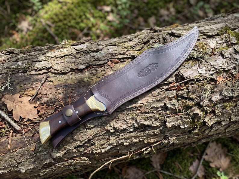 May include: A fixed-blade knife with a dark brown wooden handle and brass bolster, secured in a matching dark brown leather sheath. The sheath features decorative embossed border patterns and a central floral motif, with a snap button strap.