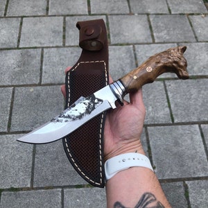 Cuchillo de camping con cabeza de lobo, hecho a mano, hecho a mano, cuchillo de caza