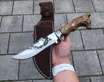 Cuchillo de camping con cabeza de lobo, hecho a mano, hecho a mano, cuchillo de caza