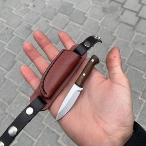 May include: A small, handcrafted knife with a wooden handle and a silver blade, accompanied by a brown leather sheath and a black leather strap with silver rivets. The knife is designed for utility and everyday carry.