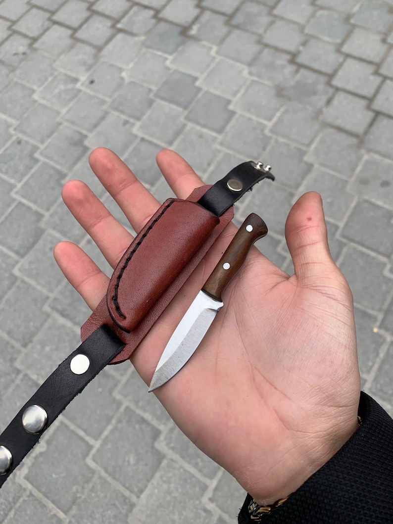 May include: A small, handcrafted knife with a wooden handle and a silver blade, accompanied by a brown leather sheath and a black leather strap with silver rivets. The knife is designed for utility and everyday carry.