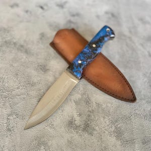 Handmade Custom Hunting Knife 4116 German Stainless Steel Epoxy & Amber Handle with Leather Sheath,Birthday Gift Knife,Personalized Knife