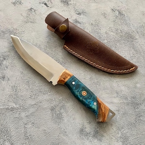 Personalized Hunting Knife, Epoxy Resin & Olive Wood Handle,Engraved Knife, 4116 Stainless Steel Blade, Birthday Gift, Anniversary Gift