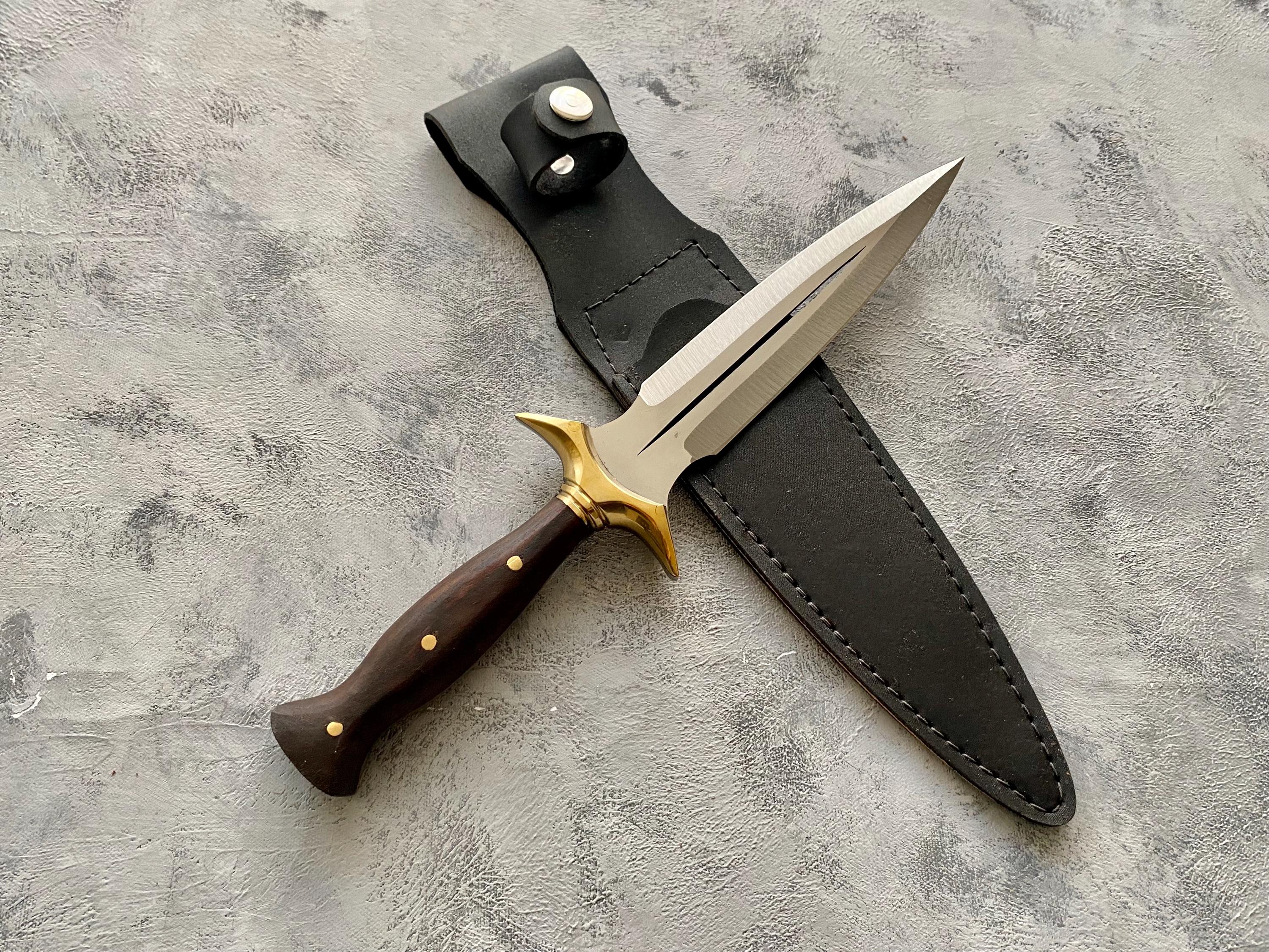 Handmade Fairbairn Sykes Dagger Knife, Walnut Handle, Leather